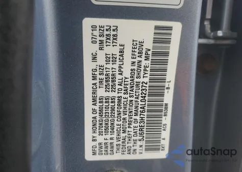 2010 Honda Cr-V Exl z USA, uszkodzony, nr VIN 5J6RE3H76AL042372